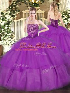 Purple Lace Up Sweet 16 Dresses Beading and Ruffled Layers Sleeveless Floor Length