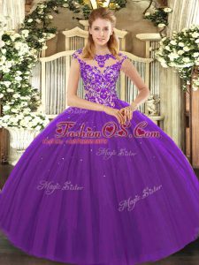 Luxurious Eggplant Purple Tulle Lace Up Quinceanera Gowns Sleeveless Floor Length Beading and Appliques