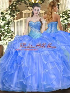 Baby Blue Ball Gowns Organza Sweetheart Sleeveless Beading and Ruffles Floor Length Lace Up Vestidos de Quinceanera