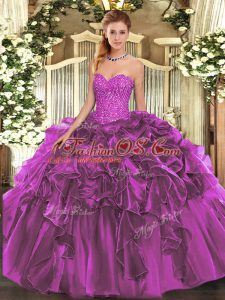 Purple Lace Up Sweetheart Beading and Ruffles Quinceanera Dress Organza Sleeveless
