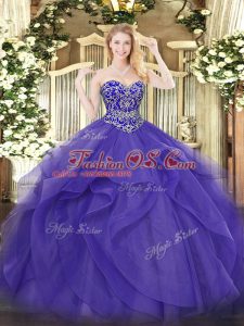 Purple Ball Gowns Beading and Ruffles Ball Gown Prom Dress Lace Up Tulle Sleeveless Floor Length