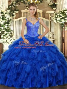 Gorgeous Royal Blue V-neck Lace Up Beading and Ruffles Ball Gown Prom Dress Sleeveless