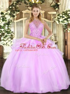 Noble Ball Gowns Quinceanera Dresses Lilac Halter Top Organza Sleeveless Floor Length Lace Up