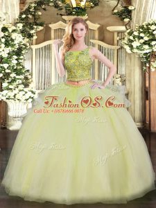 Custom Designed Yellow Two Pieces Organza Scoop Sleeveless Beading Floor Length Lace Up Quinceanera Gowns