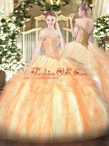 Affordable Tulle Off The Shoulder Sleeveless Lace Up Beading and Ruffles Sweet 16 Quinceanera Dress in Multi-color