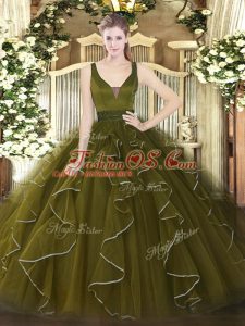 Olive Green Tulle Zipper Quinceanera Gowns Sleeveless Floor Length Beading and Ruffles