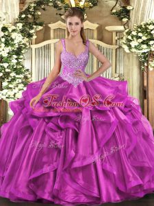 Best Floor Length Ball Gowns Sleeveless Fuchsia 15th Birthday Dress Lace Up