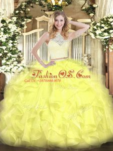 Sleeveless Organza Floor Length Zipper Quinceanera Dress in Yellow with Lace and Ruffles