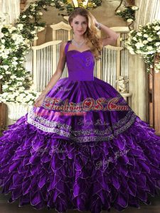 Extravagant Sleeveless Floor Length Embroidery and Ruffles Lace Up Quinceanera Dresses with Purple