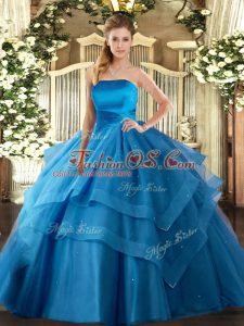 Top Selling Baby Blue Tulle Lace Up Strapless Sleeveless Floor Length Quince Ball Gowns Ruffled Layers