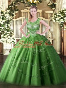 Green Ball Gowns Scoop Sleeveless Tulle Floor Length Lace Up Beading and Appliques Quinceanera Dress