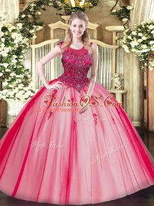 Superior Red Tulle Zipper Quince Ball Gowns Sleeveless Floor Length Beading