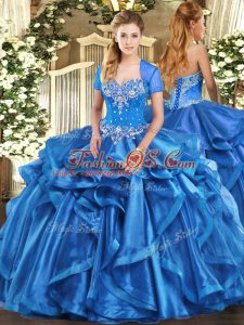 Custom Designed Baby Blue Sweetheart Neckline Beading and Ruffles Quinceanera Gown Sleeveless Lace Up