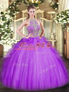 Ball Gowns Quinceanera Gown Lavender Halter Top Tulle Sleeveless Floor Length Lace Up