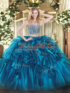 Noble Floor Length Blue Ball Gown Prom Dress Organza Sleeveless Beading and Ruffles