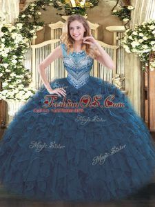 Sleeveless Organza Floor Length Lace Up Sweet 16 Dresses in Navy Blue with Beading and Ruffles