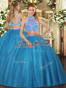 High Quality Teal Two Pieces Tulle Halter Top Sleeveless Beading Floor Length Criss Cross Sweet 16 Dresses