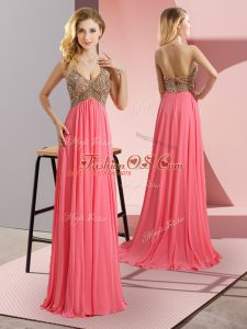 Watermelon Red Zipper Womens Party Dresses Beading Sleeveless Floor Length Sweep Train