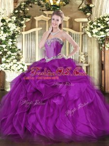 Purple Ball Gowns Organza Sweetheart Sleeveless Beading and Ruffles Floor Length Lace Up Sweet 16 Dresses