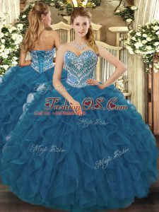 Sleeveless Tulle Floor Length Lace Up Sweet 16 Dresses in Teal with Beading and Ruffled Layers