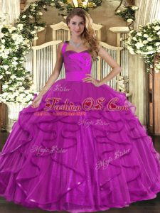 Fuchsia Tulle Lace Up Sweet 16 Dress Sleeveless Floor Length Ruffles