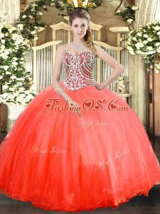 Coral Red Sleeveless Beading Floor Length Quinceanera Dress