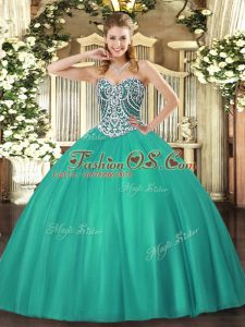 Sleeveless Floor Length Beading Lace Up Quinceanera Dress with Turquoise