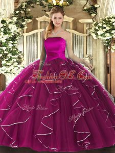 Deluxe Fuchsia Tulle Lace Up Ball Gown Prom Dress Sleeveless Floor Length Ruffles