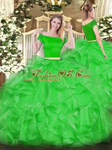 Floor Length Green Sweet 16 Dress Organza Short Sleeves Appliques and Ruffles