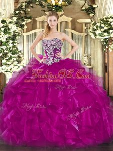 Organza Strapless Sleeveless Lace Up Beading and Ruffles Ball Gown Prom Dress in Fuchsia