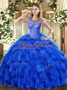 Smart Royal Blue Organza Lace Up Scoop Sleeveless Floor Length Sweet 16 Dress Beading and Ruffles