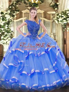 Blue Ball Gowns Organza Scoop Sleeveless Beading and Ruffled Layers Floor Length Zipper Sweet 16 Quinceanera Dress