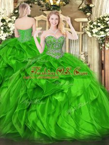 Colorful Floor Length Lace Up Quinceanera Gown Green for Military Ball and Sweet 16 and Quinceanera with Beading and Ruffles