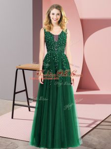 Adorable Dark Green Backless Prom Dress Beading and Appliques Sleeveless Floor Length
