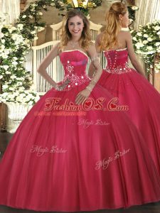 Colorful Red Strapless Neckline Beading Quinceanera Gown Sleeveless Lace Up