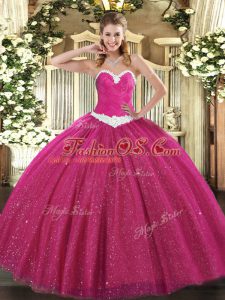 Fitting Floor Length Hot Pink Quinceanera Dress Tulle Sleeveless Appliques