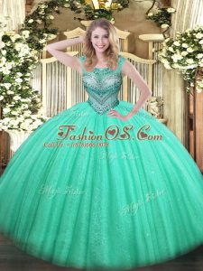 Classical Turquoise Sleeveless Floor Length Beading Lace Up Quinceanera Gowns