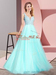 Floor Length Aqua Blue Prom Party Dress Tulle Sleeveless Lace