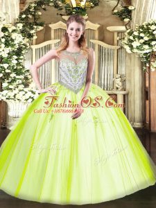 Flare Yellow Green Ball Gowns Beading and Appliques 15 Quinceanera Dress Zipper Tulle Sleeveless Floor Length