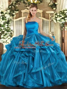 Low Price Floor Length Lace Up Quinceanera Gown Baby Blue for Military Ball and Sweet 16 and Quinceanera with Ruffles