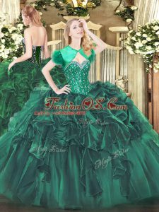 Dark Green Sleeveless Beading and Ruffles Floor Length Quinceanera Gown