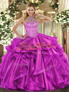 Fuchsia Halter Top Neckline Beading and Embroidery and Ruffles Quinceanera Dresses Sleeveless Lace Up
