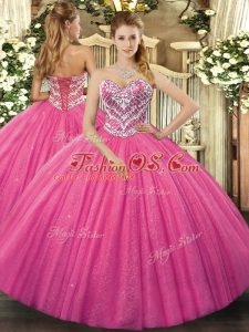 Hot Pink Ball Gowns Sweetheart Sleeveless Tulle Floor Length Lace Up Beading 15th Birthday Dress