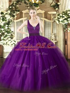 Purple Straps Zipper Beading Quinceanera Dress Sleeveless