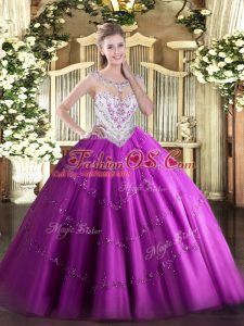 Deluxe Scoop Sleeveless Quinceanera Gowns Floor Length Beading and Appliques Fuchsia Tulle