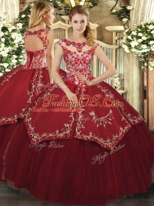 Cap Sleeves Floor Length Beading and Appliques and Embroidery Lace Up Quinceanera Dress with Wine Red