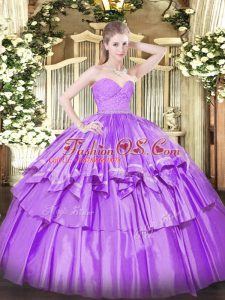 Amazing Lilac Ball Gowns Organza Sweetheart Sleeveless Beading and Lace and Ruffled Layers Floor Length Zipper Quince Ball Gowns