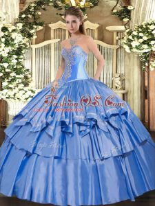 Baby Blue Ball Gowns Sweetheart Sleeveless Organza and Taffeta Floor Length Lace Up Beading and Ruffled Layers 15 Quinceanera Dress