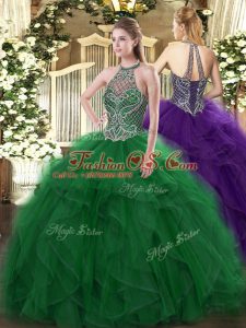 Modern Green Sleeveless Floor Length Beading and Ruffles Lace Up Quince Ball Gowns