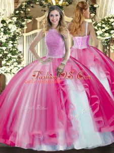 Great Hot Pink Sleeveless Tulle Lace Up 15th Birthday Dress for Military Ball and Sweet 16 and Quinceanera